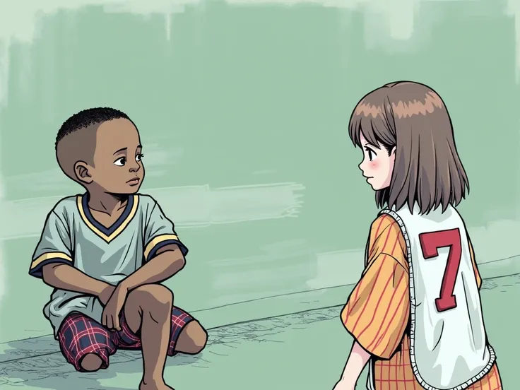 1980s retro hand drawn ink. A small black boy named Greg Burke kneeling on concrete with short close crop shaved hair, in an all-white number seven sports jersey, loose-fitting plaid cotton boxers shorts and a Japanese small girl named Ikari Yu with medium...