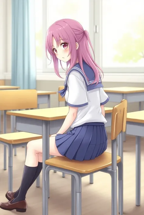 First grade elementary school 、girl、Beautiful Hair、 high school uniform 、classroom、   sit on a chair、 looks backwards、Sit backwards on a chair、Dyeing your hair、illustration, smile,