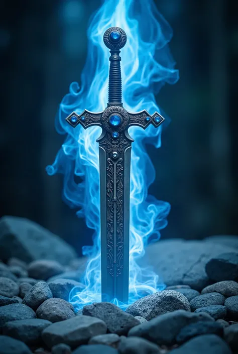 A majestic, enchanted sword stands upright in the center. The sword has intricate engravings and embedded blue gemstones. A swirling blue aura surrounds the sword, creating a magical and ethereal atmosphere. The background is blurred, making the sword the ...