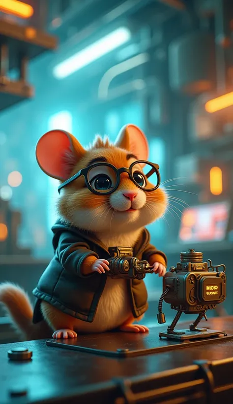 Fantastic. High detail. Anthropomorphic hamster scientist. Steampunk glasses. Cyberpunk. In a cyber laboratory, he creates a biorobot, a mischievous smile, photorealism.