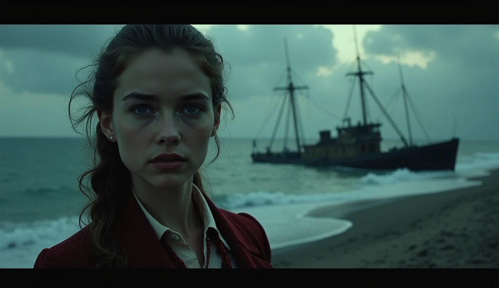 "1950s Super Panavision 70 style movie thumbnail: a haunting island in the background with dark, ominous skies and a stranded, broken ship on the shore. In the foreground, a bold, determined girl in mid-century attire stands out, her face partially illumin...