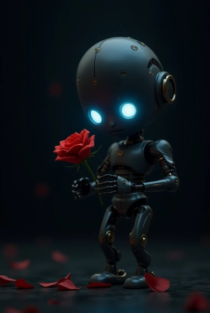 Baby robot blue eyes delivering a red rose black background 