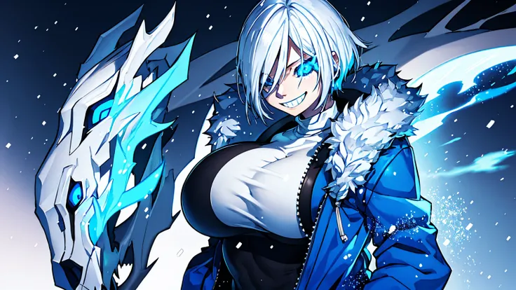 Sans Blue Jacket Black Shirt Fire Eyes Skull Smile Long Lashes White Short Hair Luminous Face Blue Dragon Skull Cannon One Person Standing In Snow Town Femininefull Super huge big breasts breast enlargement full-body shot ultra-detailed, HDR, vibrant color...