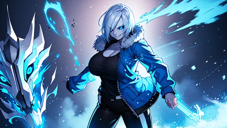 Sans Blue Jacket Black Shirt Fire Eyes Skull Smile Long Lashes White Short Hair Luminous Face Blue Dragon Skull Cannon One Person Standing In Snow Town Femininefull Super huge big breasts breast enlargement full-body shot ultra-detailed, HDR, vibrant color...