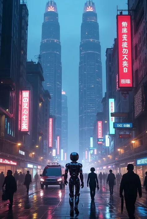 A futuristic city with neon lights and humanoid robots interacting with humans, symbolizing the seamless integration of AI in daily life.