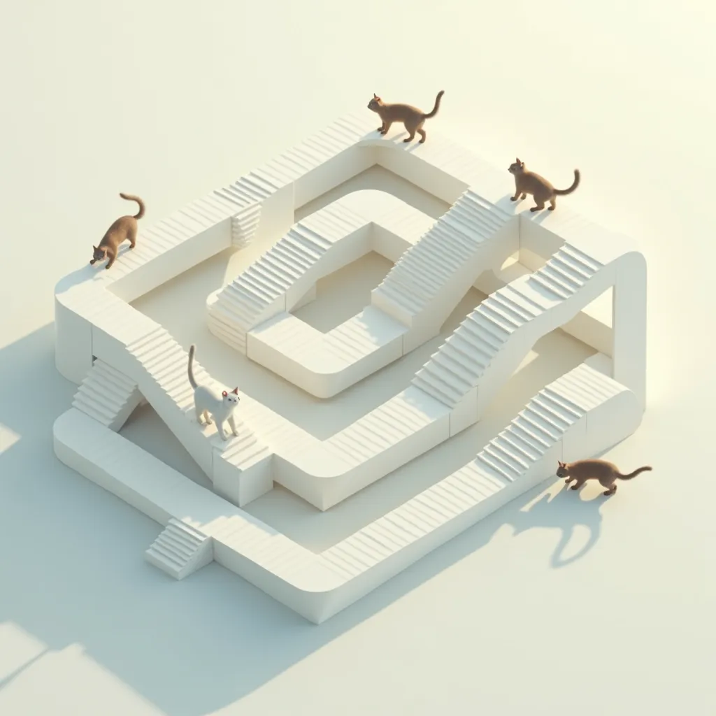 impossible staircase that goes up endlessly, looping itself into a square. isometric view, minimalistic, similar to the style of the game "Monument Valley". three cats are walking on it.