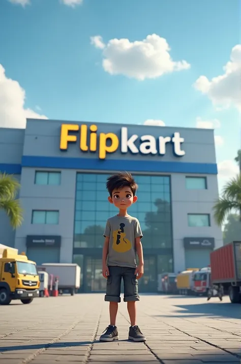 A boy standing in front of a warehouse named flipkart