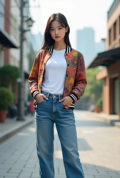  A Korean beauty wearing a white t-shirt  ,, batik baseball jacket ,,jeasn pants  ,, white jordan shoes standing on the street there is a beautiful view 