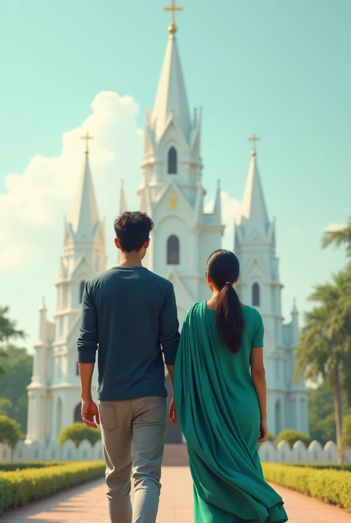 A young men and women walking together towards a beautiful big white coloured church ( a calm and quiet place) which is devoted to mary with nameboard written : "National Shrine Basilica of Our Lady of Ransom - Vallarpadam". 
The young Men wears a navy blu...