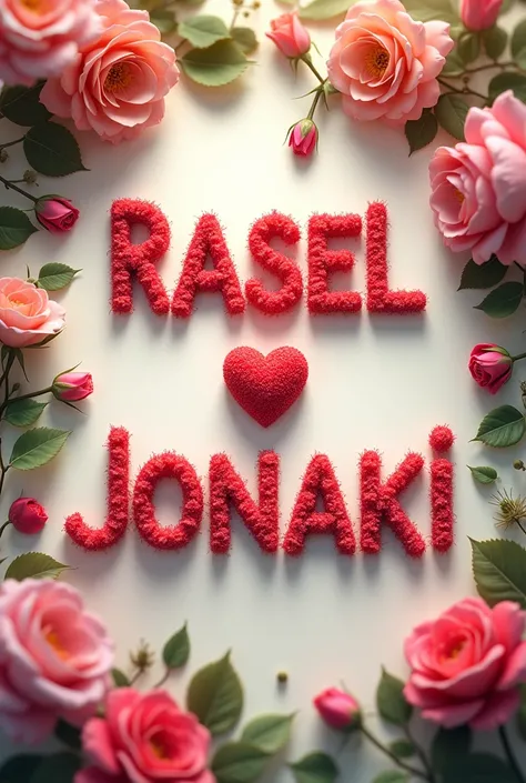 RASEL love JONAKI, a couple name written in a page of background floral and the names written by the flowers. Name should be uppercase. Between two name there should be an emoji of love