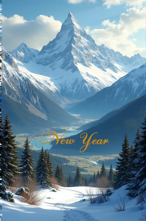 Card with a photo of the Alps in the background and the text in gold  "  The Jacques Brel middle school in Taninges wishes you a very happy new year 2025" 