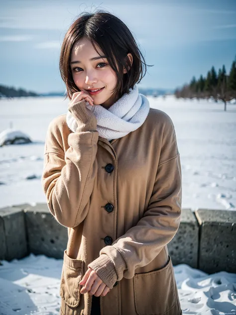  top quality, one beautiful woman, A full-body image of a charming woman with a stylish short haircut, standing outdoors in a chilly setting, her breath visible as a soft, white mist in the crisp air. She’s dressed warmly, with cozy gloves and a snug jacke...