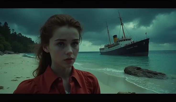 "1950s Super Panavision 70 style movie thumbnail: a haunting island in the background with dark, ominous skies and a stranded, broken ship on the shore. In the foreground, a bold, determined girl in mid-century attire stands out, her face partially illumin...