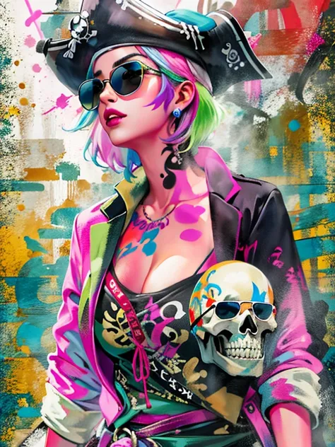  Watercolor , 8k resolution、((Best Quality))、((masterpiece))、((Super detailed))、1 female、Alone、 unbelievably weird、 (((THE MOST BEAUTIFUL PIRATE GIRL EVER ))), ((( STYLISH SUNGLASSES))), Lips in Love,  white skin, pirate hat,  Skull Fashion, neon、 Short Ha...