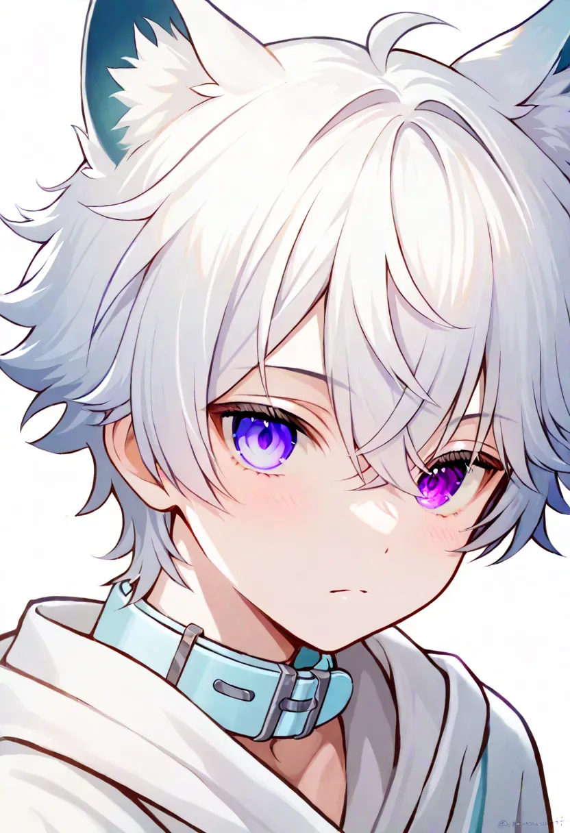 heterochromia , 1 boy has adorable dark blue and purple eyes , short white hair,  white simple background,  wears simple white c...