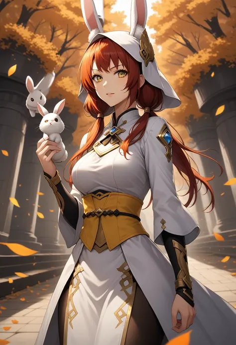 game moba, character game, 1 girl, long hair, mage, Bangs, Twintails, Animal Ears, Yellow Eyes, Dutch Angle, Rabbit Ears, 