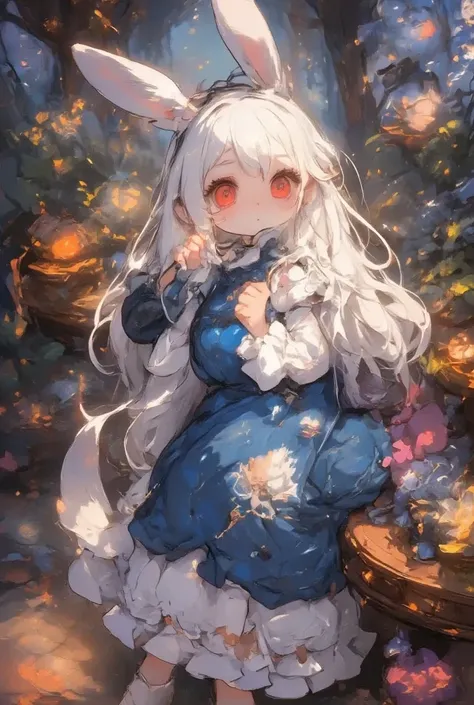  1 girl:2.0,(Chibi,cute, smaller,Blue Hair, very long hair,bangs,(Fluffy white rabbit),Bunny ears,Red eyes,Big Eyes, Beautiful Sparkling Eyes , white skin,Big hair ribbon, Blue Frilled Dress ,fluffy skirt with wire,Chest,Full body image),Fairy tale backgro...