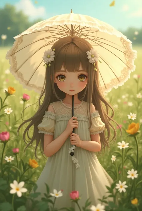 A long-haired girl wearing a Lolita dress, with a cute look, a shy gesture, is holding an umbrella in nervousness, amid a lush green meadow and a mass of flowers full body.