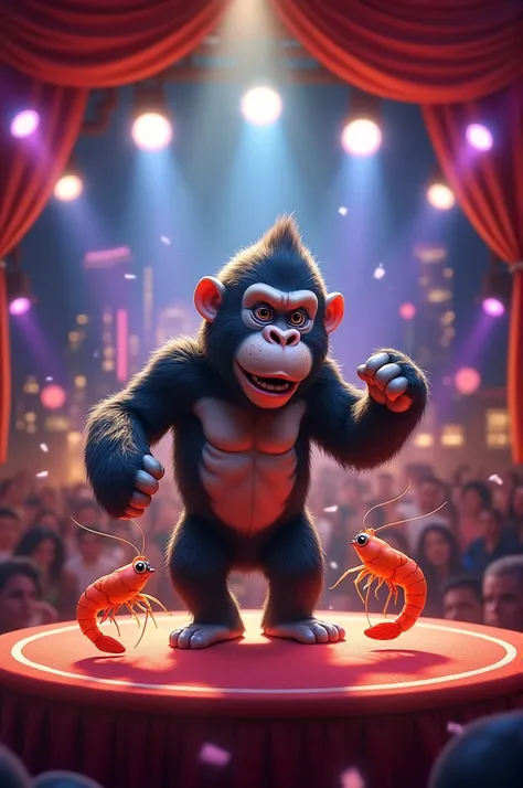 A small gorilla with dancing shrimp on stage in Hollywood 