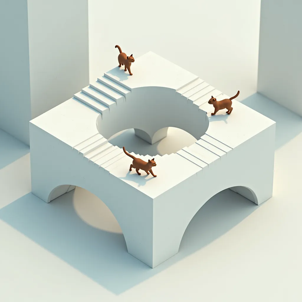 impossible staircase that goes up endlessly, looping itself into a square. isometric view, minimalistic, similar to the style of the game "Monument Valley". three cats are walking on it.