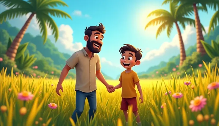 "Create a high-quality, vibrant, and eye-catching YouTube thumbnail in a 16:9 aspect ratio. The scene features a cheerful  boy named Hasan with fair skin, large expressive eyes, and a bright smile. He is pointing towards his father, who is a 40-year-old fa...