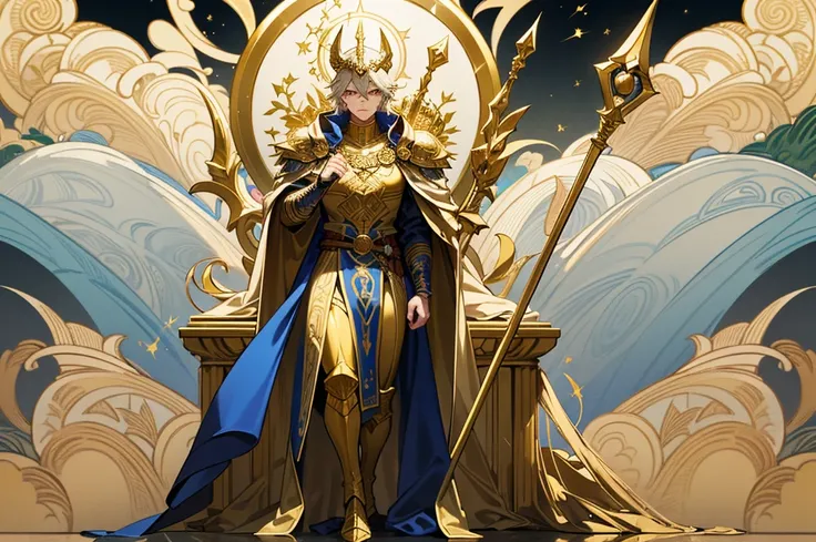 Odin Eyes Golden right eye Wearing a golden helmet and a blue cloak in golden armor Young man holding a long spear of pure gold carved with runes on the tip Composition seen from the front Full body Strong body Fantastic Norse mythological style Standing i...