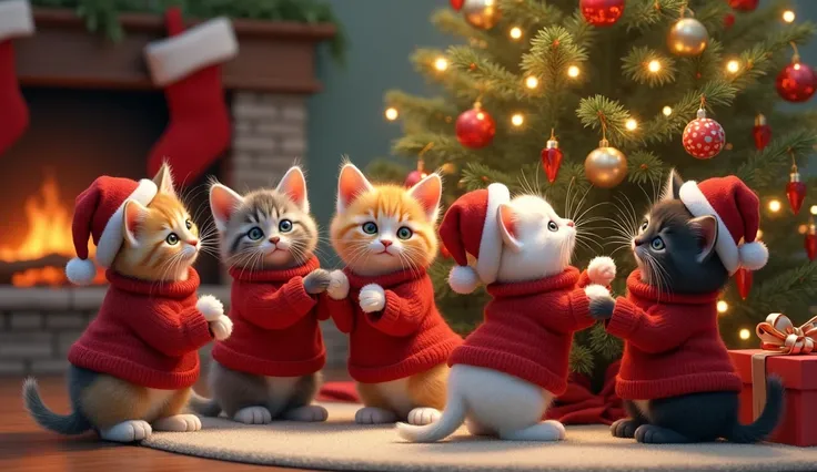 five realistic kittens with different fur colors (tabby, calico, orange, gray, black), dressed in festive clothing like holiday sweaters and Santa hats, joyfully decorating a Christmas tree, soft and detailed fur textures, cozy room fully decorated for Chr...