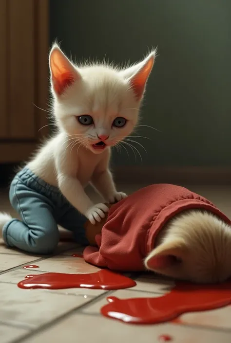 A cute realistic kitten who is wearing blue pant  is crying with big tears near mother cat who us wearing red frock and died in the kitchen and there is so much ketchup on the floor