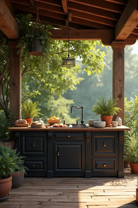 Outdoor vintage kitchen,  black kitchen table,  in a packet flour