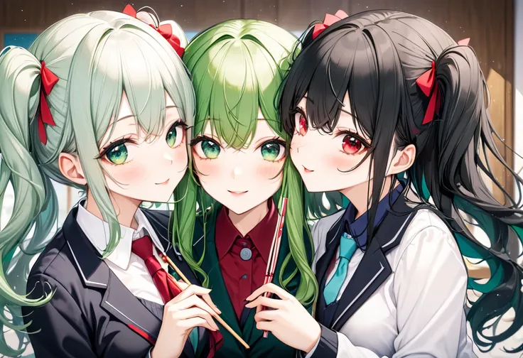 (cute and delicate), ((Pocky day illustration)), (two girls pocky game and pocky kissing, best beauty big tits), (love smile, in a school Blazer uniform), (a girl is twintail) (beautiful vivid green hair long hair beauty green eyes) and (a girl is hime-cut...