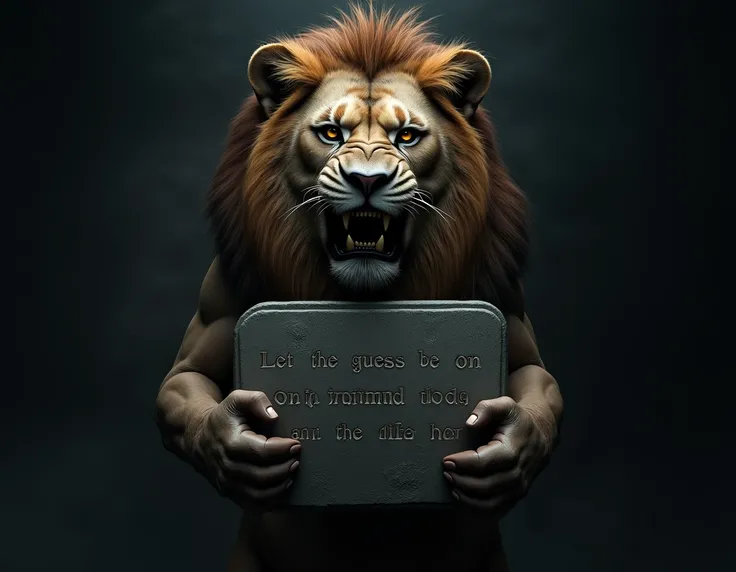 A very realistic lion with a sinister and frightening face, very dark, holding a stone tablet, and on it the following was written, Let the guess be on the animal today and on the lion.