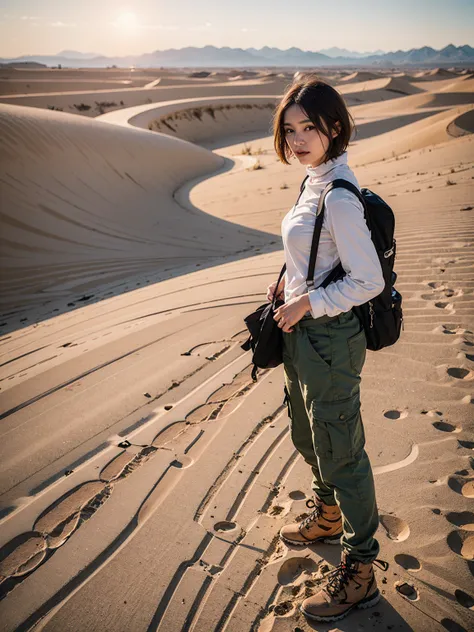  top quality, one beautiful woman, A full-body image of a captivating woman with a stylish short haircut, standing in the vast, open desert landscape, exuding a sense of adventure and resilience. Her short hair is slightly tousled by the warm desert breeze...