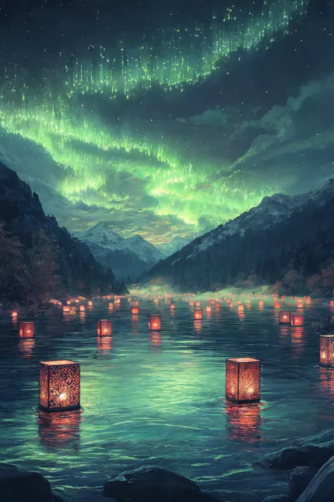 (best quality, photorealistic, ultra-detailed:1.2), A serene lake surrounded by mountains, with floating lanterns adorned in traditional Japanese patterns and glowing softly against the backdrop of an aurora-filled sky,Japanese elements, warm light, a little green light, Shinkai Makoto style, night, anime scene