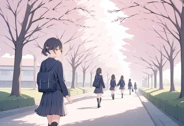 Japanese high school students in uniform walking to school under cherry blossom trees in full bloom. A peaceful morning scene that captures the start of a new school day."