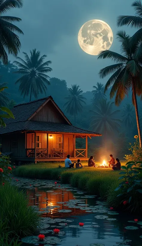  A beautiful minimalist wooden house with a simple design,  is on the roadside of an Indonesian village land .  Next to the house there are people lighting bonfires ,  They are seen sitting cross-legged around the bonfire .  The house surrounded by lush pl...