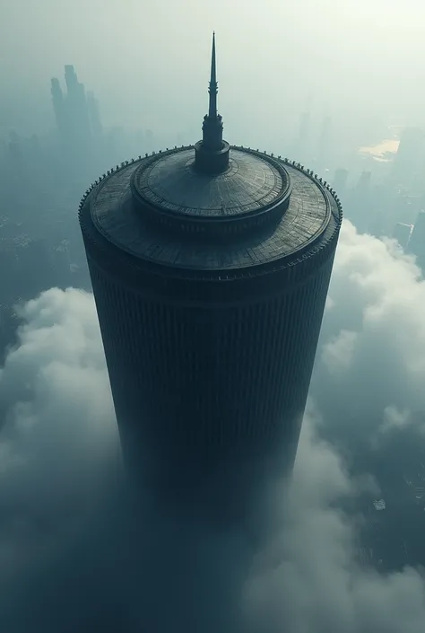 
Skyscraper roof, dark silhouette, top view, from above, roof view, perpendicularly to the ground, high tower, top of the tower, tower above the clouds, looking down from above, looking at the top of the tower, the tower is round, the tower stands far away