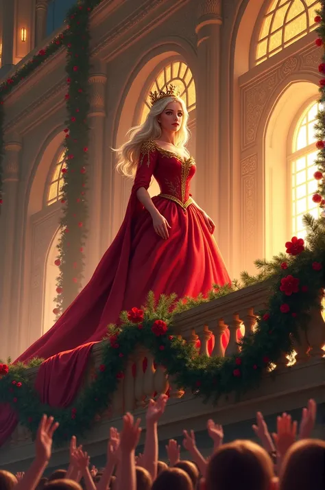 A regal queen in a flowing red gown with a golden crown, standing on a balcony adorned with garlands and holly. Below, a large crowd of villagers wave and cheer. The palace behind her is decorated for Christmas, with lanterns and festive ornaments.