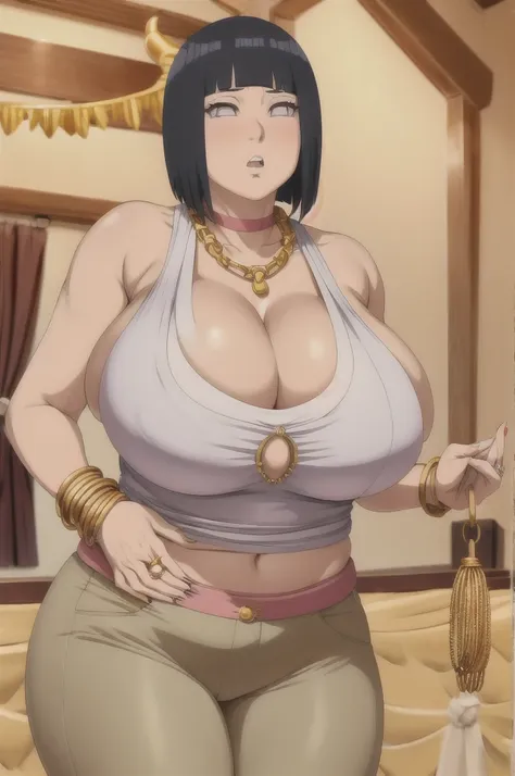 hinata hyuuga,big breast,cleavage,gold chain necklace,gold hoopa bracelet,gold bar earring,long nail,puckered lips,tight pants,s...