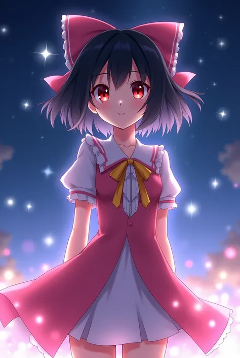 1 girl (megumin)In , short black hair, red eyes, drawn from a specific angle, looking at the camera, delicate figure, beautiful lighting, cute pink and white dress, cute, background with stars shine in the sky (High resolution of the highest quality) , ((m...