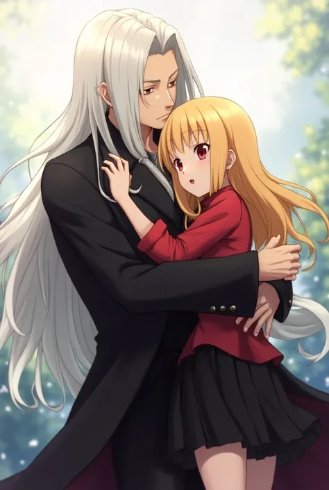  Satoru Gojo from the anime, a magical battle hugs a girl with blonde hair and red eyes, wearing a black skirt and a red shirt .