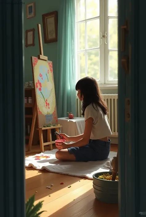 a girl sitting in a middle of her room, painting in a canvas as her coping mechanism, the perspective is from outside her room