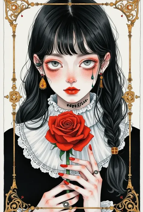 Dark style tarot，frame，Watercolor Art：girl，Tears，teeth，Holding a rose in his hand，  bangs,  upper body, ring，Gothic Art 