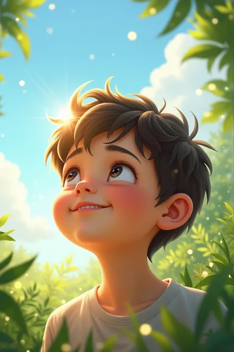 A clear sky with gentle sunlight shining on a natural scene. The boy’s face glows with the sunlight, enjoying the breeze.