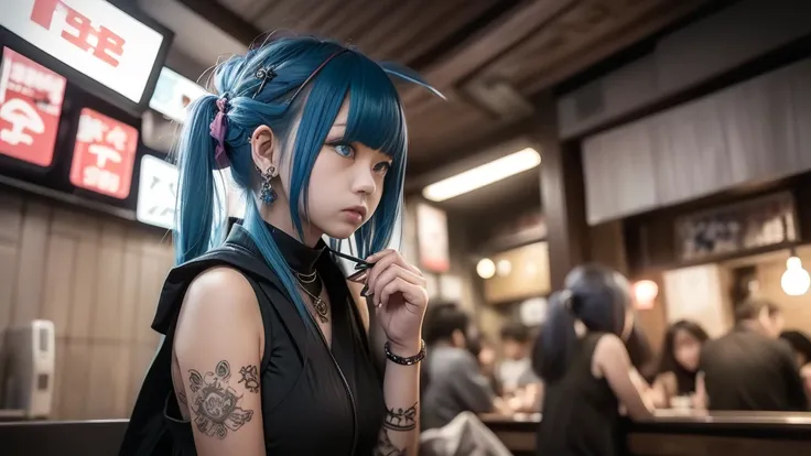 whole body、 sleeveless、Blue Hair、Goth Punk、 1 girl、One person、 medium shot 、 and lifts noodles from ramen at the Shibuya Scramble Crossing 、((night))、 neon light、Shiny Hair、earring 、bangs、 jewellery、bangsぱっつん、Red eyes、 hair accessory 、 from the front、 A ge...