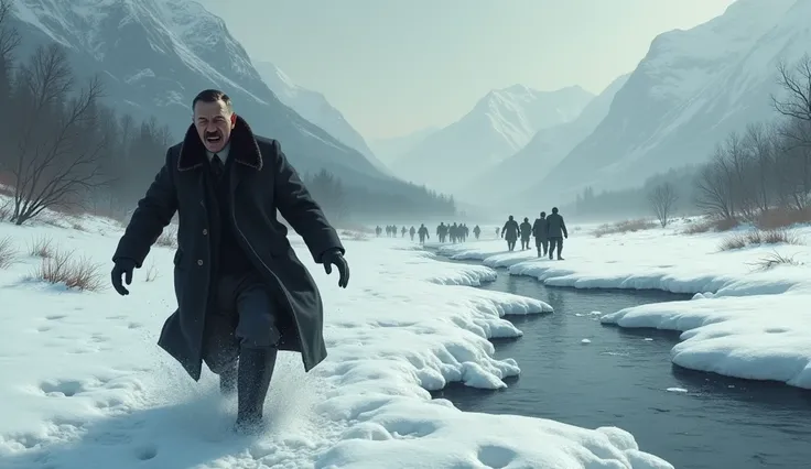 Make us image prompt of You could create a hypothetical moment near the end of World War II, with Hitler escaping as Allied forces or resistance fighters close in. This could be set in Eastern Europe, where cold winters make rivers freeze solid.