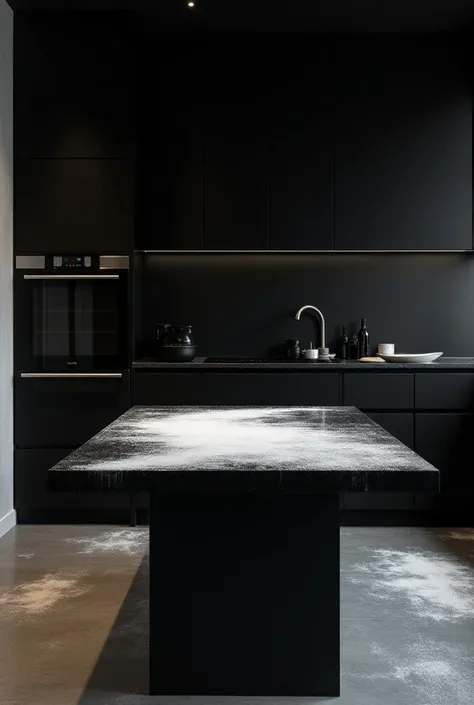 Well decorated black kitchen black table,  all over purpose flour