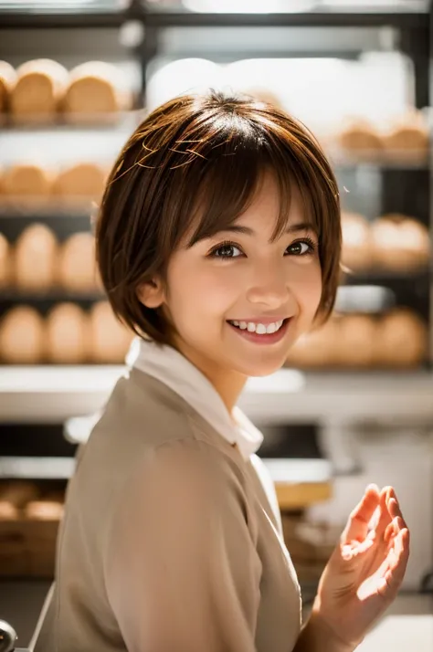 (8k, RAW photo, photorealistic, HQ, masterpiece), a cute Japanese woman, (glowing eyes), 
(light smile ), brown hair, Pixie Bob hair, (Female bakery clerk), dynamic pose, blurred background, depth of field, natural lighting, backlighting, face lightning, 