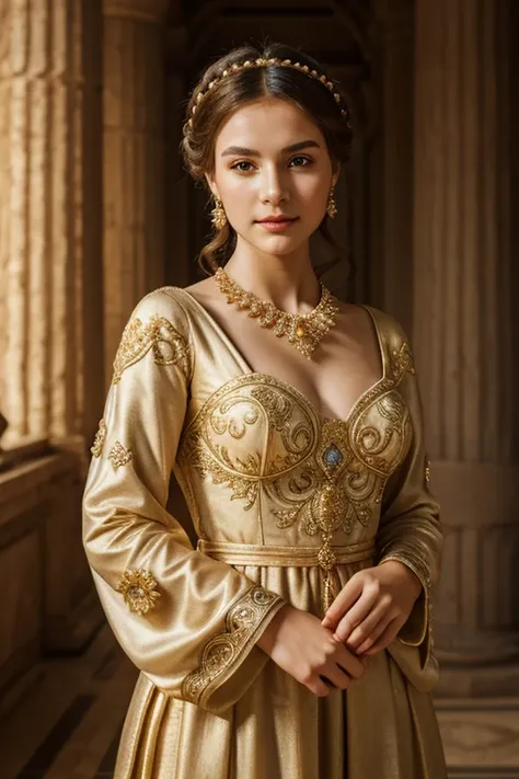 1girl, beautiful young woman, detailed face, elegant flowing dress, ancient roman fashion, intricate jewelry, ornate hairstyle, natural lighting, warm color tones, highly detailed, photorealistic, cinematic composition, award-winning concept art