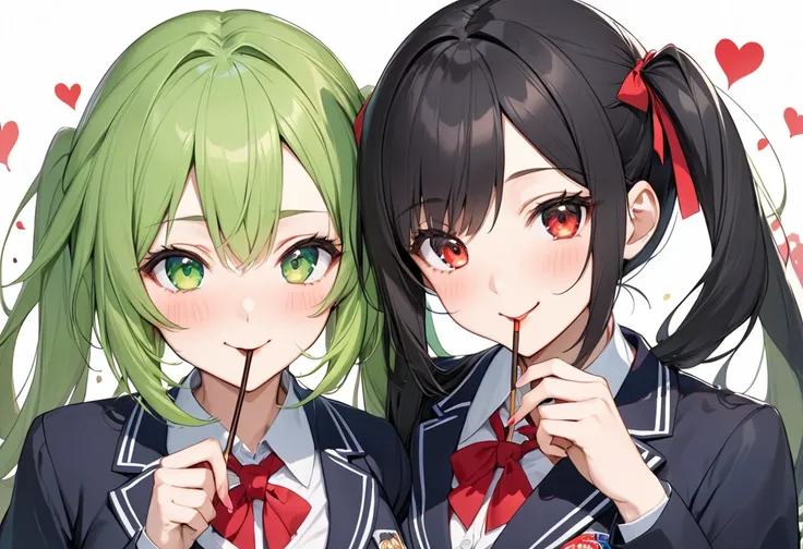 (cute and delicate), ((Pocky day illustration)), (two girls pocky in Each other mouth and pocky eating game, best beauty big tits), (love smile, in a school Blazer uniform), (a girl is twintail) (beautiful vivid green hair long hair beauty green eyes) and ...