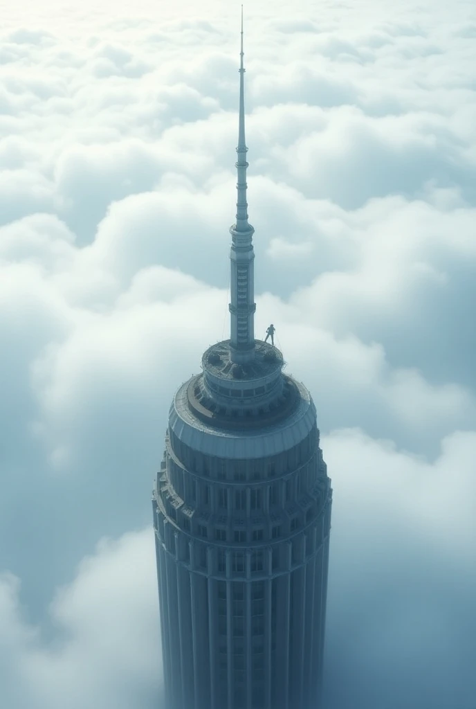 Skyscraper roof, clouds, view from above, from above, view from the roof, perpendicular to the ground, high tower, top of the tower, tower above the clouds, look down, look at the top of the tower, the tower is round, the tower is far away